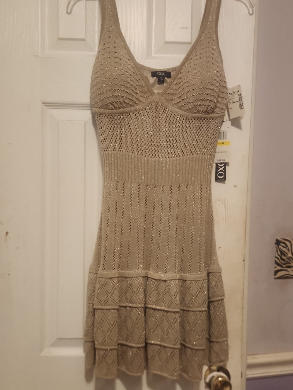 XOXO Beige/gold Lame Knit Fit-and-Flare Dress 35"length